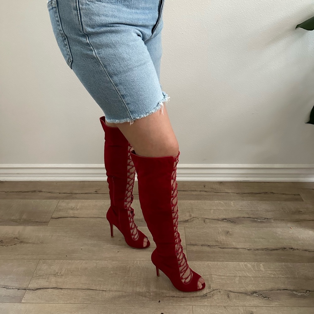 Red “velvet” tall heels